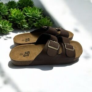 OT Women's Brown Double‎ Buckle Strapped Slip On Shoe